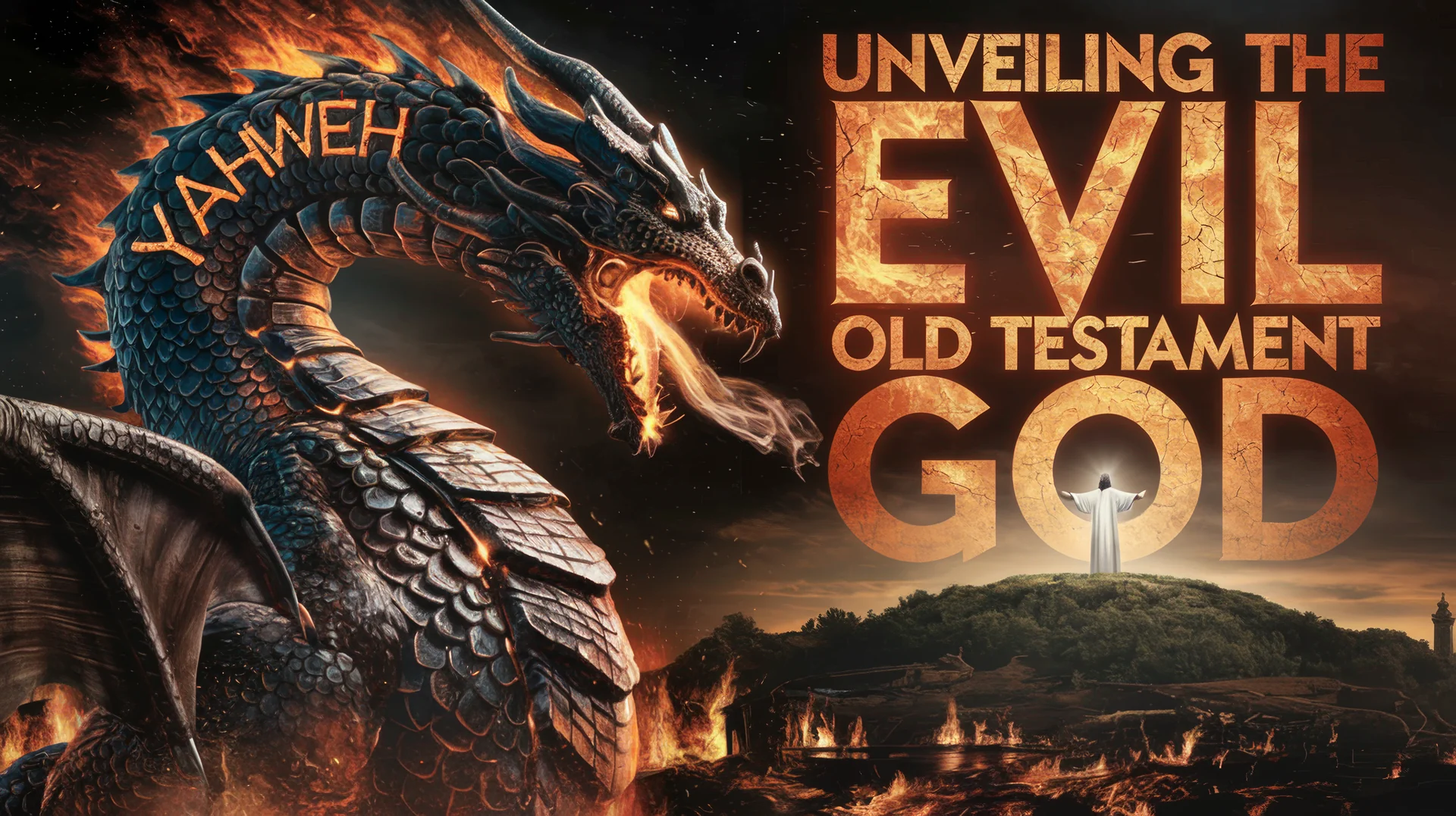 A fire-breathing dragon marked Yahweh looms over a burning land while Jesus stands in light on a hill, under the title Unveiling the Evil Old Testament God