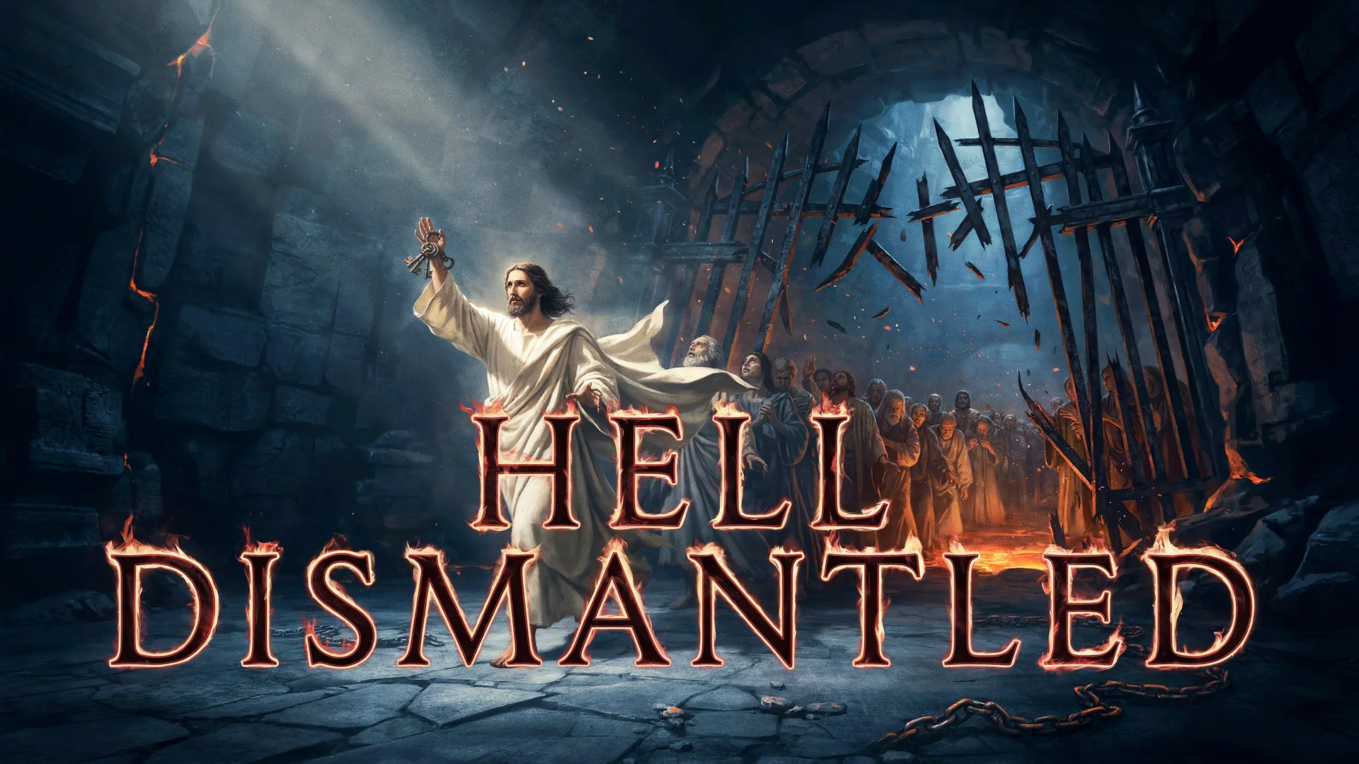 Jesus strides out through the shattered gates of Hades with the keys raised high, above the title Hell Dismantled