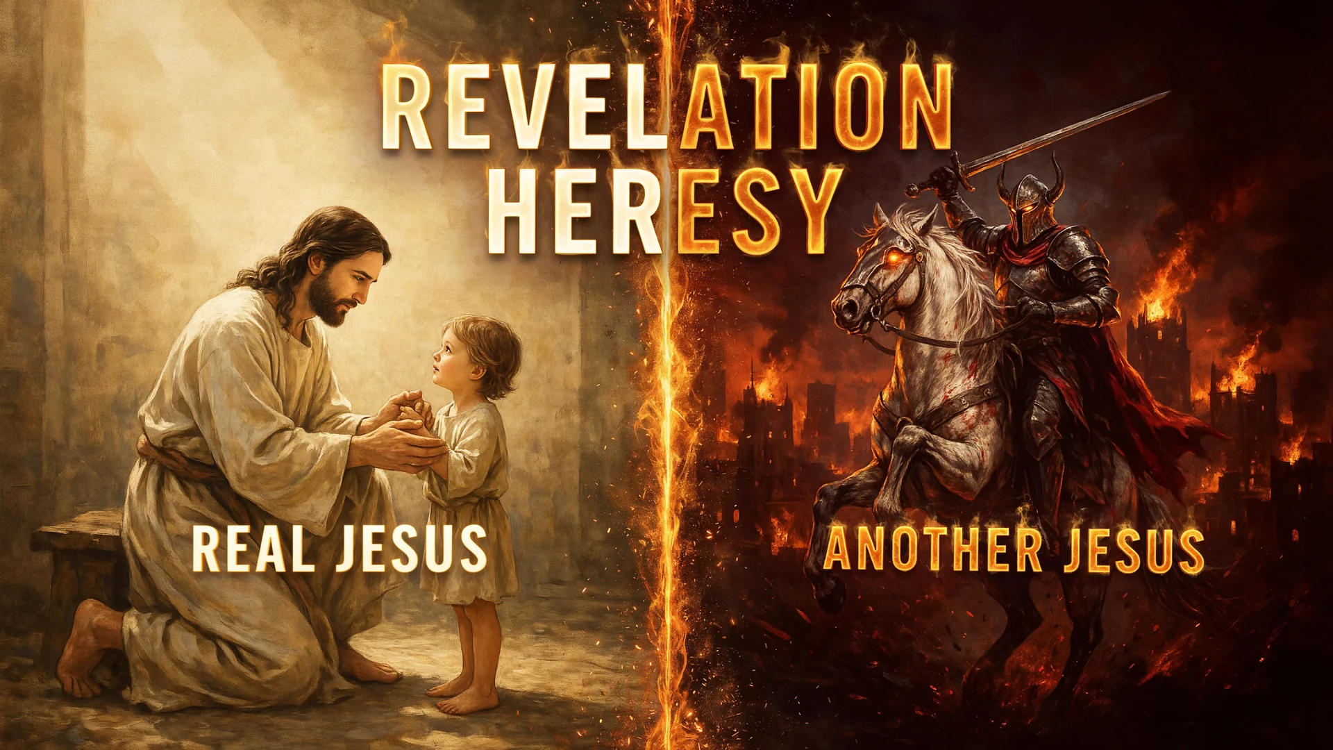 Split image: the real Jesus kneels to heal a child, while another Jesus, an armored rider on a white horse, rides over burning cities, under the title Revelation Heresy